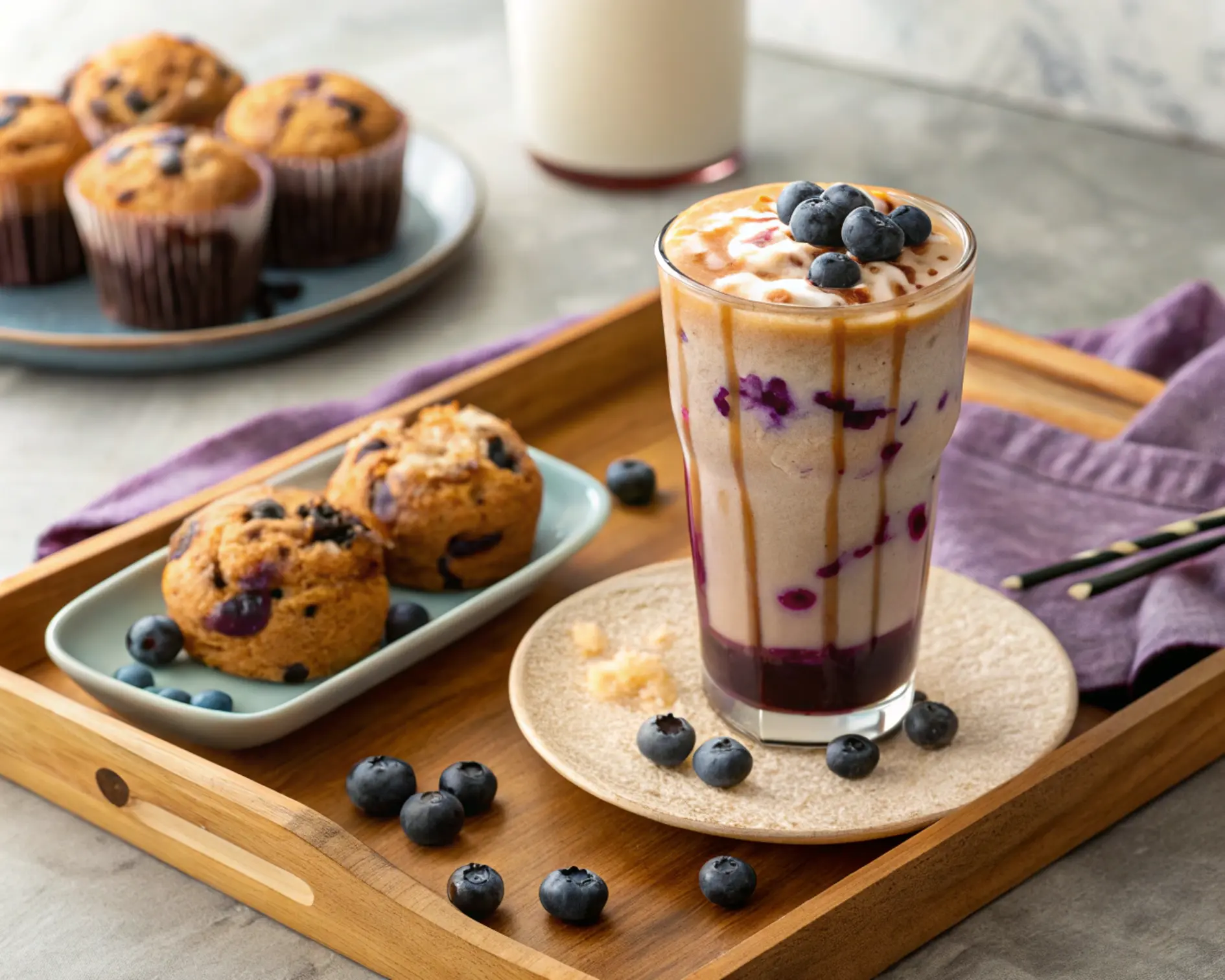 iced blueberry latte serving Served iced blueberry latte with blueberry muffins