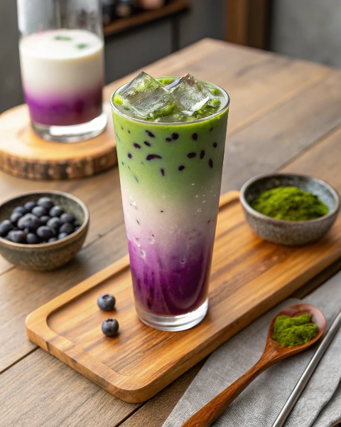 a-tall-glass-of-layered-blueberry-matcha-latte--vi layering matcha over blueberry syrup