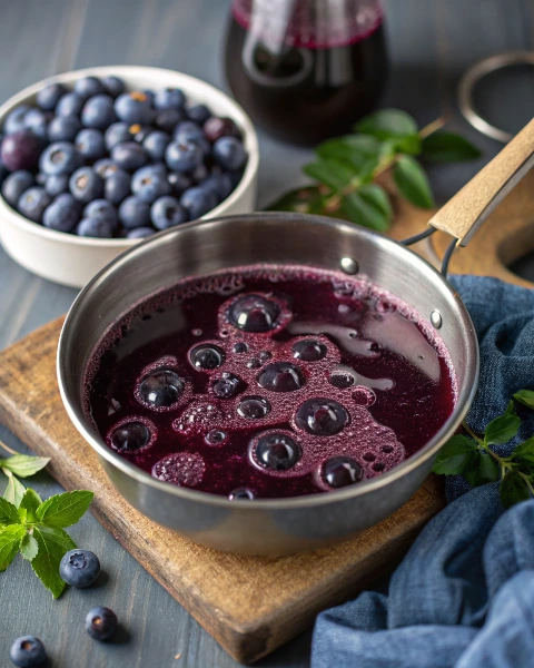 blueberry-syrup-simmering-in-saucepan--deep-purple simmering blueberry syrup