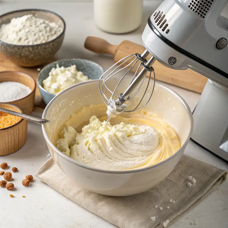 mixer-blending-cottage-cheese-and-wet-ingredients- mixer blending cottage cheese and wet ingredients