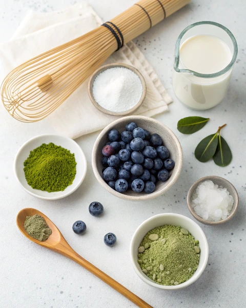 overhead-shot-of-ingredients--fresh-blueberries--m ingredients for blueberry matcha latte