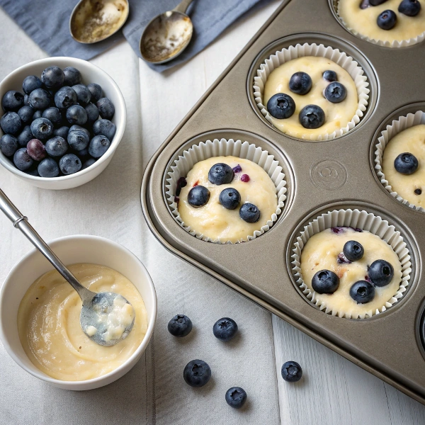 scooping-blueberry-muffin-batter Scooping blueberry muffin batter into muffin tins